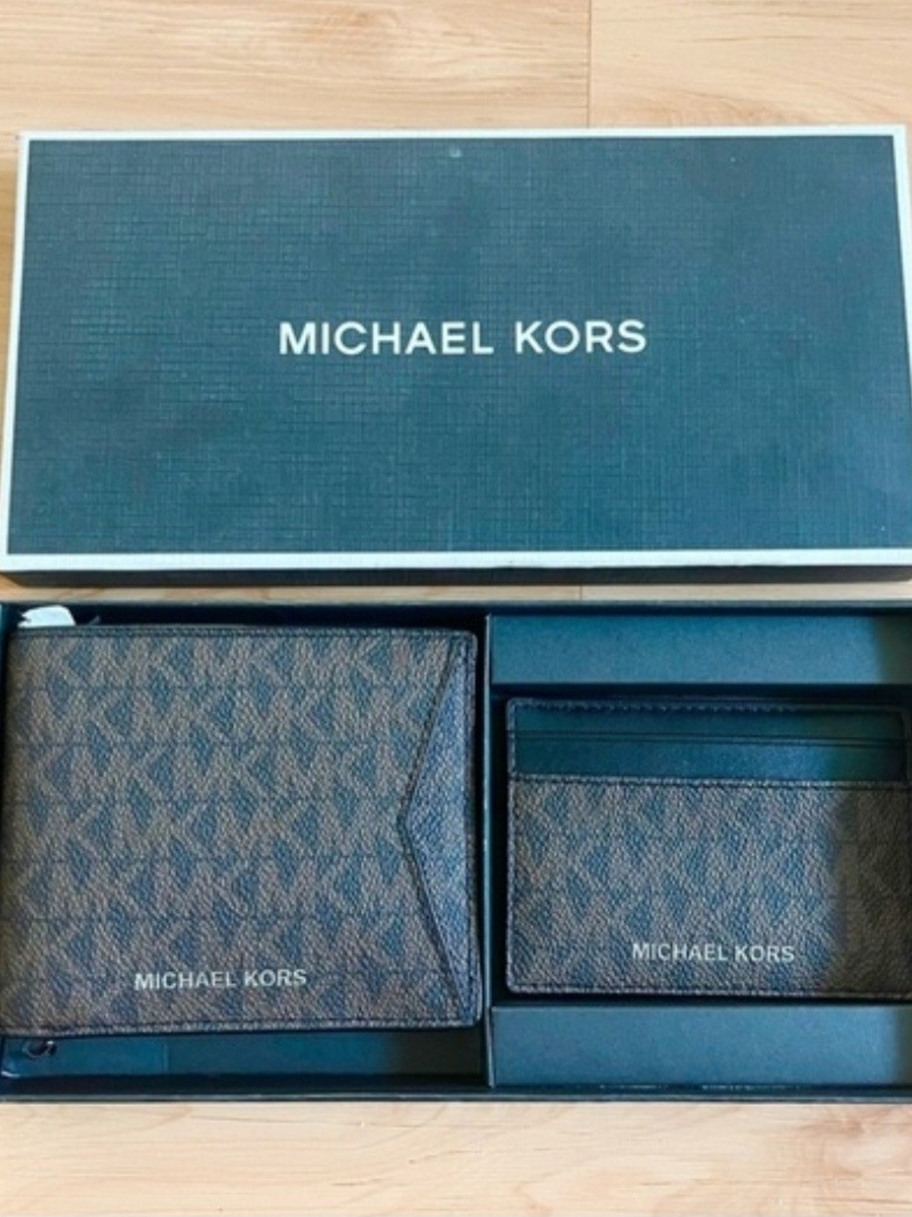 Michael Kors Brown & Black Signature MK Bifold Wallet with Card Holder Set